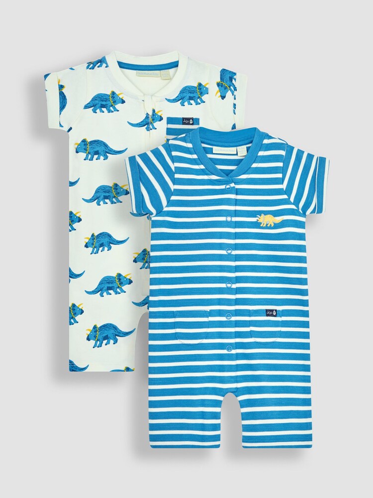 JoJo Maman Bébé Cobalt Blue Triceratops & Stripe 2-Pack Rompers - Image 1 of 6