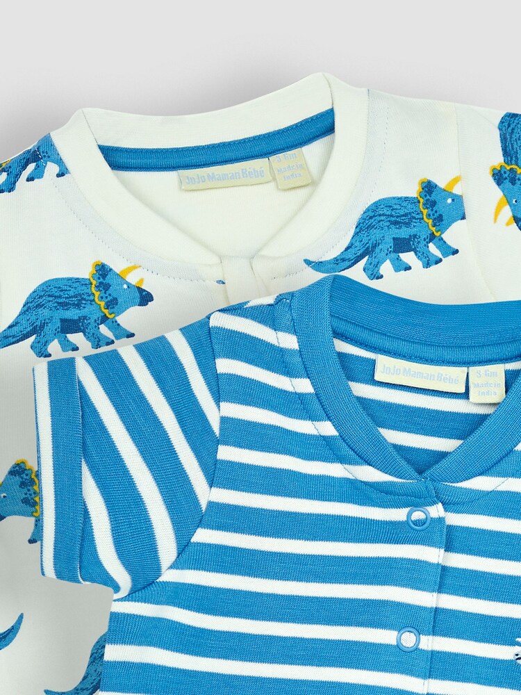 JoJo Maman Bébé Cobalt Blue Triceratops & Stripe 2-Pack Rompers - Image 6 of 6