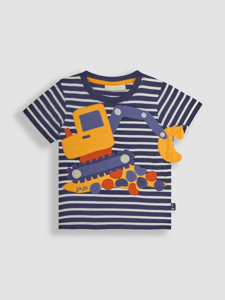 JoJo Maman Bébé Navy Ecru Stripe Digger Novelty Appliqué T-Shirt - Image 1 of 3