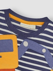 JoJo Maman Bébé Navy Ecru Stripe Digger Novelty Appliqué T-Shirt - Image 2 of 3