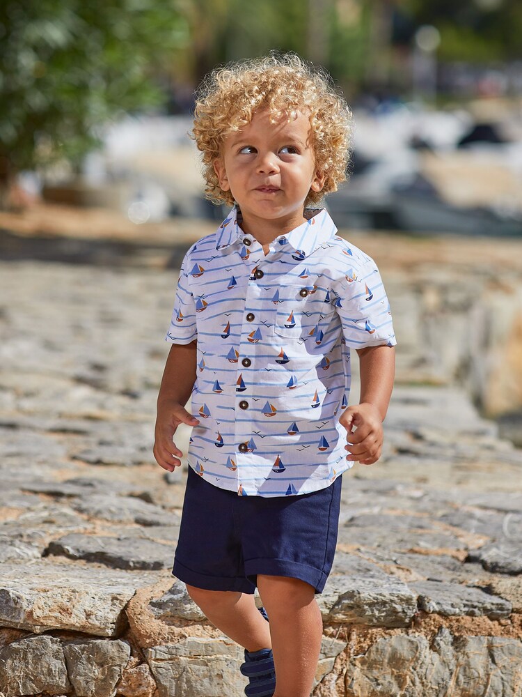 JoJo Maman Bébé White Boat Printed Short Sleeve Shirt - Image 1 of 4 JoJo Maman Bébé White Boat Printed Short Sleeve Shirt - Image 1 of 4