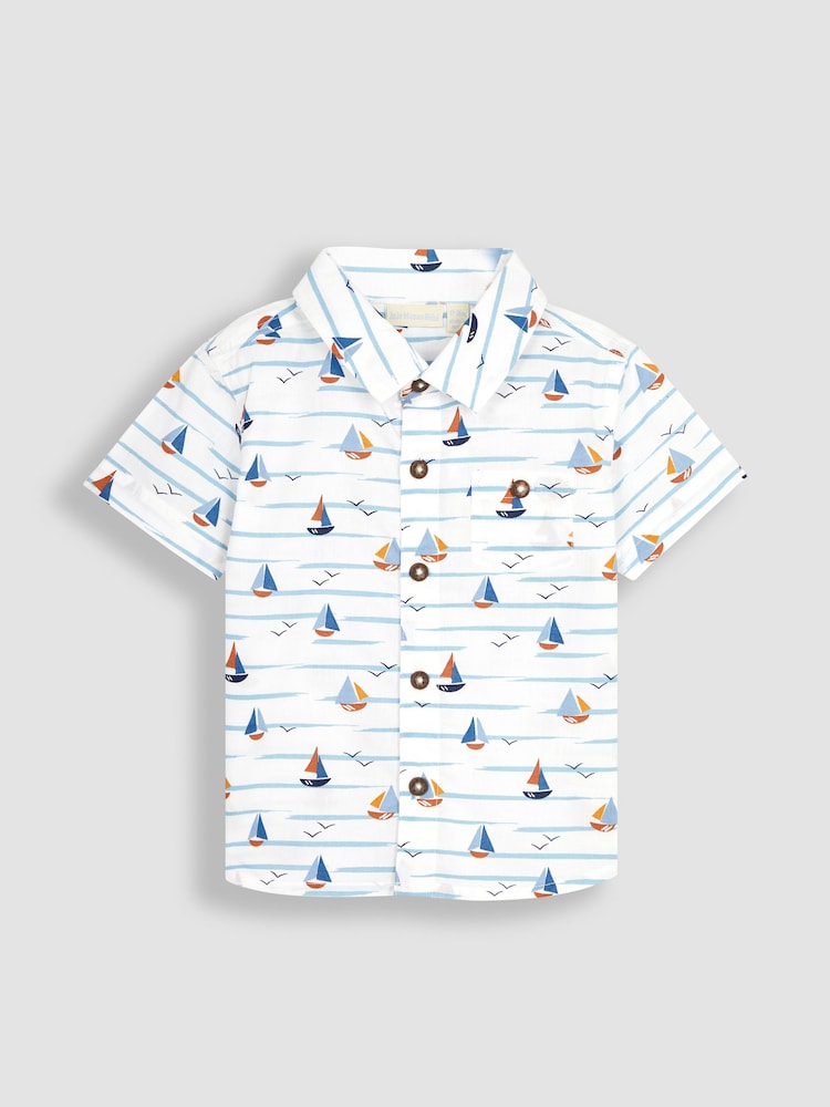 JoJo Maman Bébé White Boat Printed Short Sleeve Shirt - Image 2 of 4
