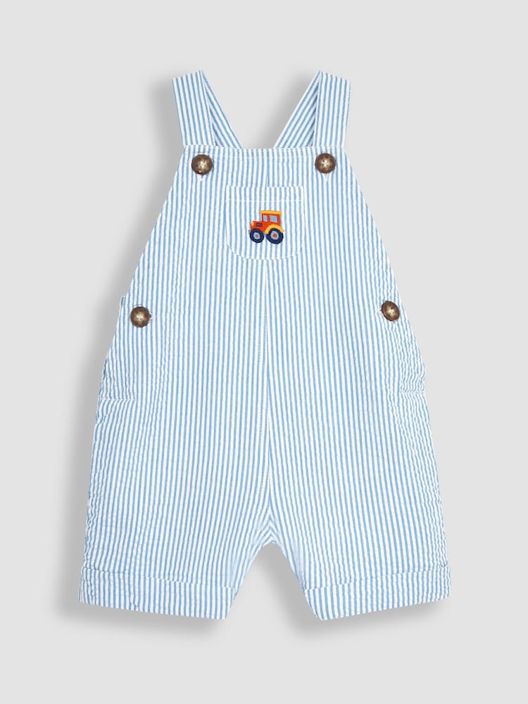JoJo Maman Bébé Blue Tractor Pocket Seersucker Stripe Dungarees - Image 1 of 5