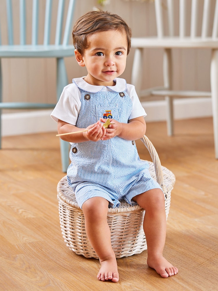JoJo Maman Bébé Blue Tractor Pocket Seersucker Stripe Dungarees - Image 5 of 5