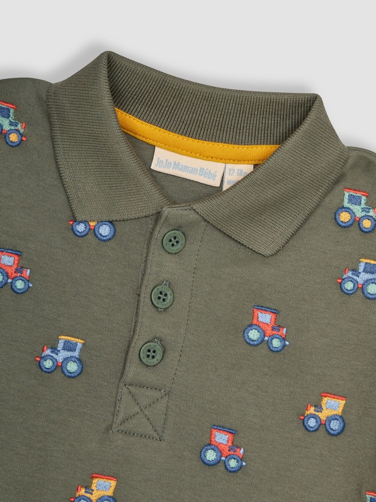 JoJo Maman Bébé Khaki Green Embroidered Short Sleeve Embroidered Polo Shirt - Image 2 of 4
