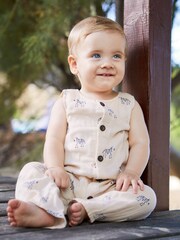 JoJo Maman Bébé Stone Zebra Cheesecloth Button Front Romper - Image 1 of 6
