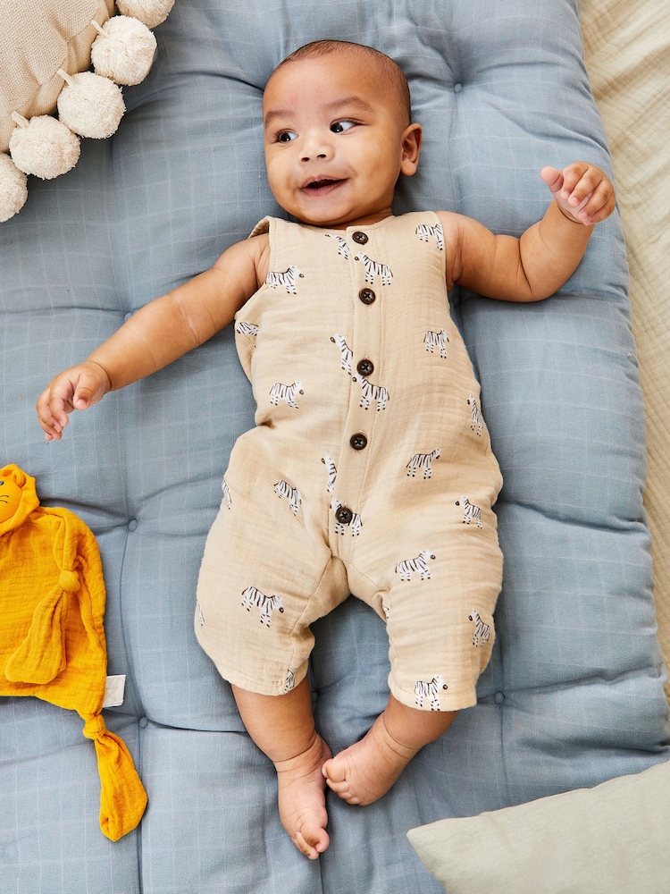 JoJo Maman Bébé Stone Zebra Cheesecloth Button Front Romper - Image 2 of 6