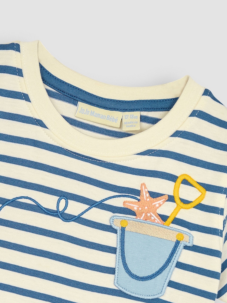 JoJo Maman Bébé Ecru Crab Appliqué Pocket T-Shirt - Image 2 of 3