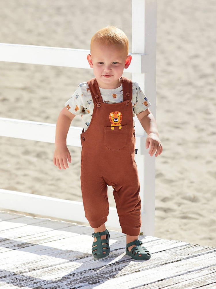 JoJo Maman Bébé Brown Lion Appliqué Trouser Dungarees & T-Shirt Set - Image 1 of 7
