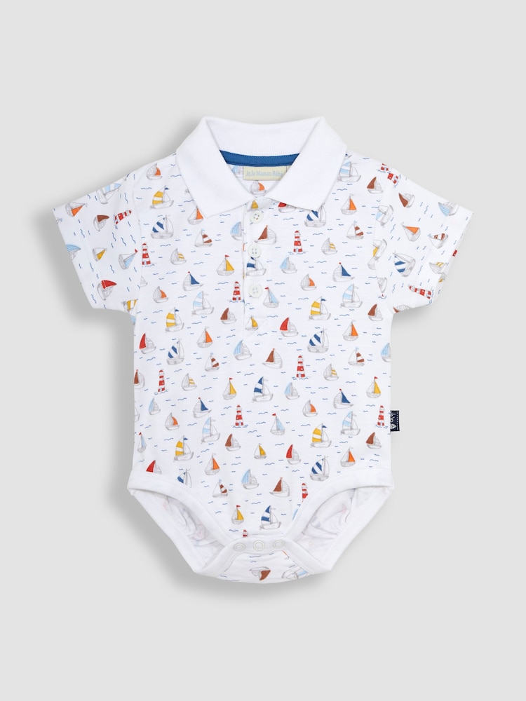 JoJo Maman Bébé White Sailboat Polo Shirt Bodysuit - Image 1 of 3