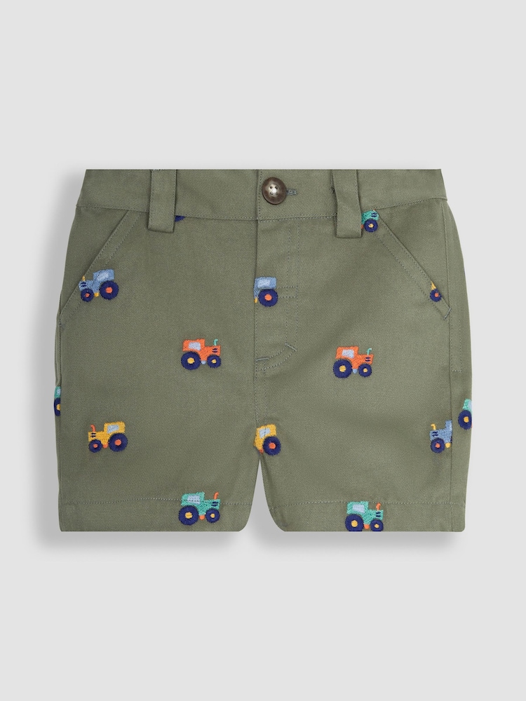 JoJo Maman Bébé Khaki Green Tractor Embroidered Twill Shorts - Image 1 of 3