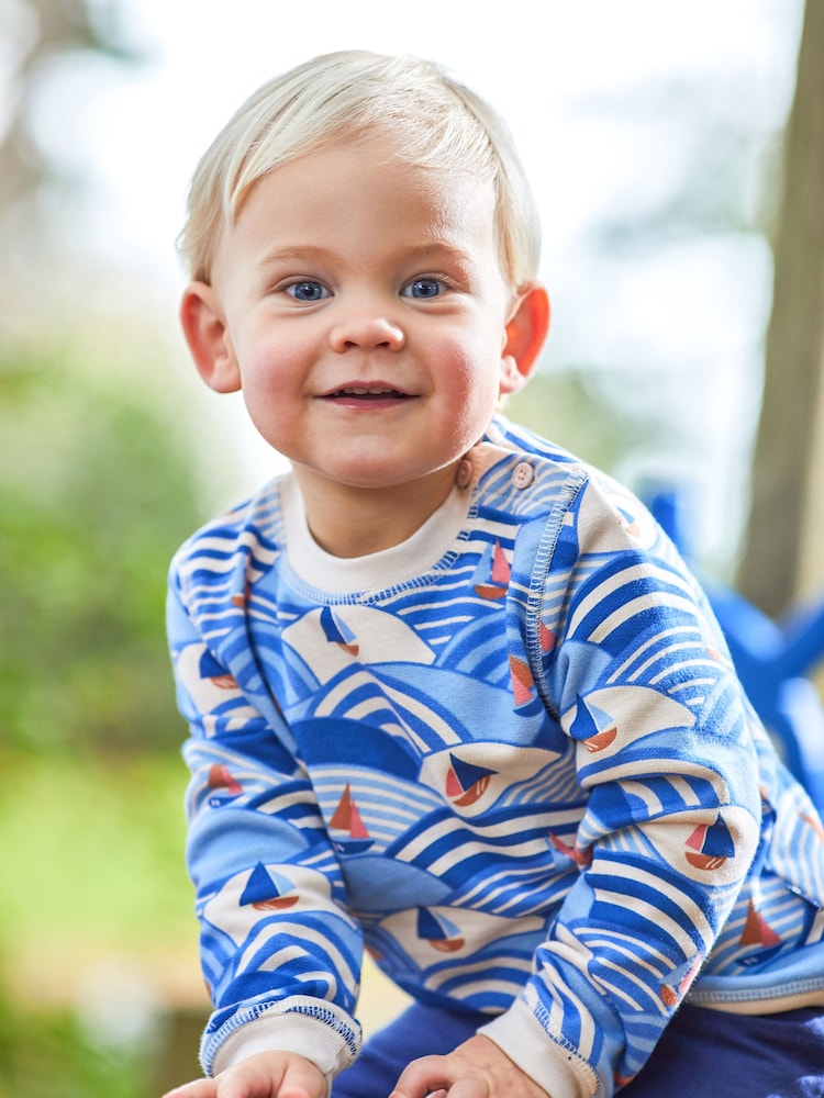 JoJo Maman Bébé Blue Nautical Wave Crew Neck Jersey Sweatshirt - Image 1 of 5