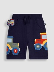 JoJo Maman Bébé Navy Blue Tractor Appliqué Pet in Pocket Shorts - Image 1 of 3