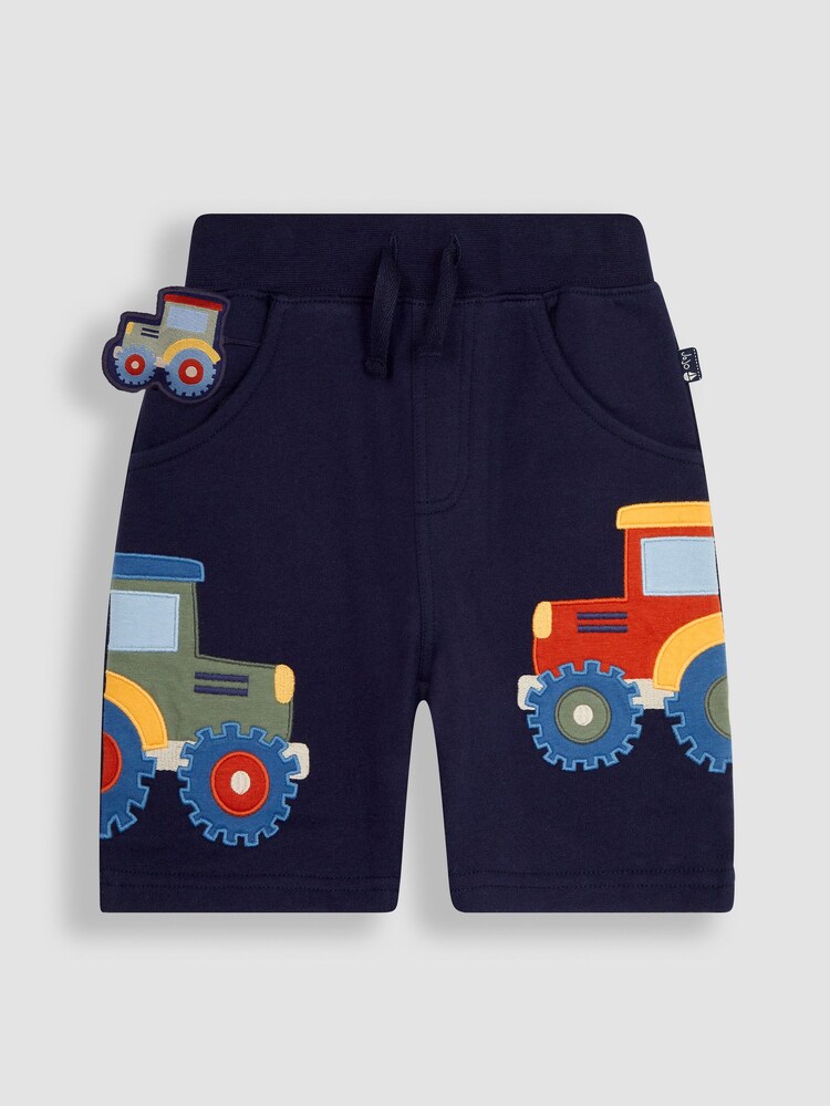 JoJo Maman Bébé Navy Blue Tractor Appliqué Pet in Pocket Shorts - Image 1 of 3