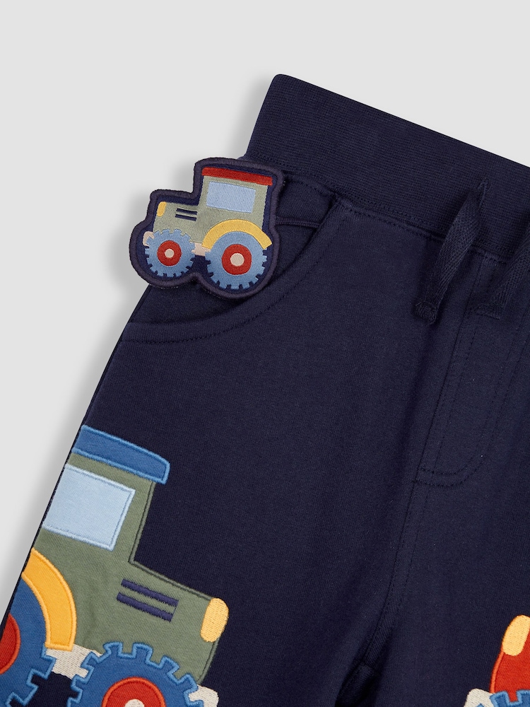 JoJo Maman Bébé Navy Blue Tractor Appliqué Pet in Pocket Shorts - Image 3 of 3