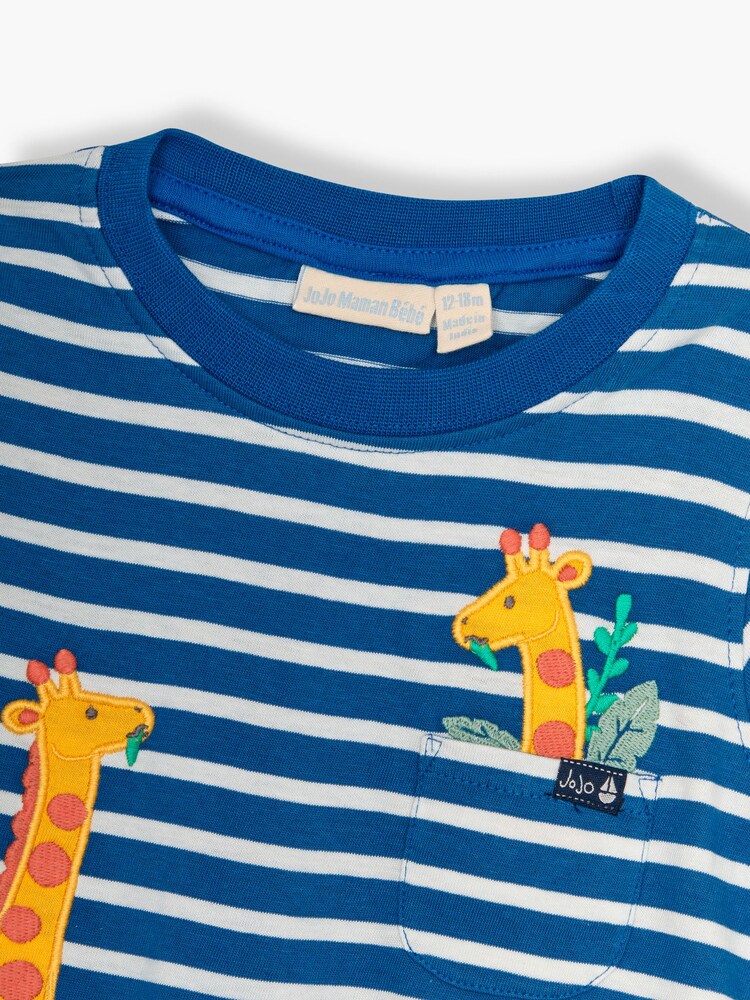 JoJo Maman Bébé Indigo Blue Giraffe Appliqué Pocket T-Shirt - Image 2 of 3