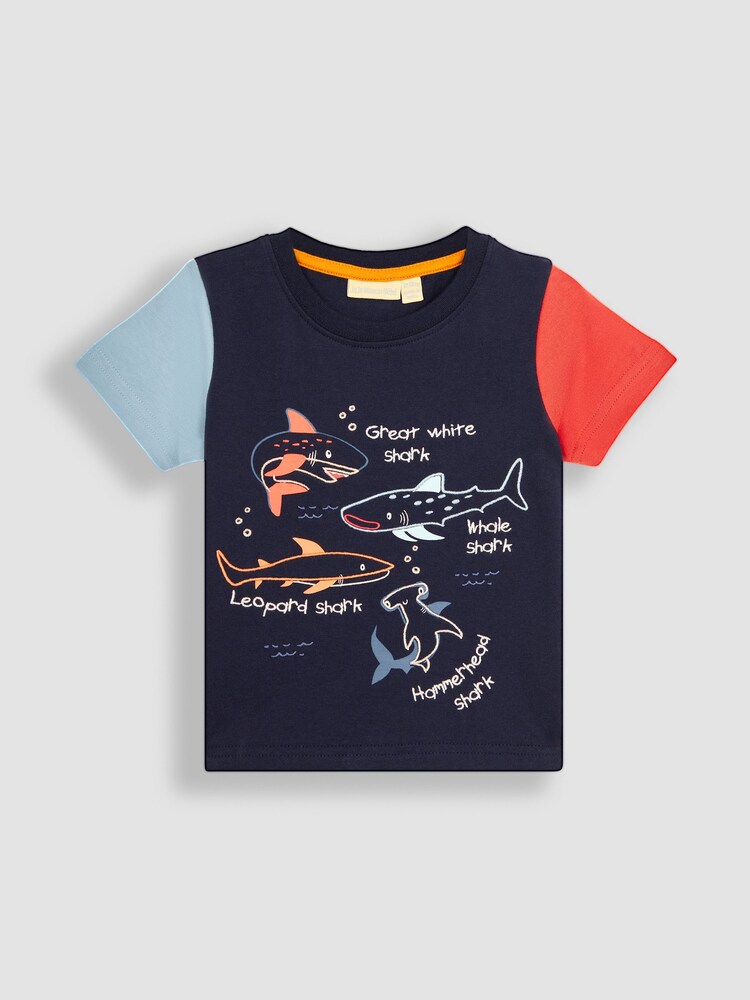 JoJo Maman Bébé Navy Blue Shark Appliqué T-Shirt - Image 1 of 1