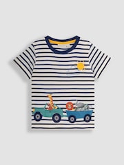 JoJo Maman Bébé Ecru Navy Stripe Safari Animals Appliqué Border T-Shirt - Image 1 of 3