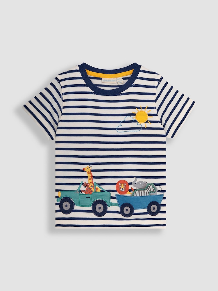 JoJo Maman Bébé Ecru Navy Stripe Safari Animals Appliqué Border T-Shirt - Image 1 of 3