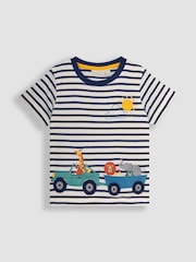 JoJo Maman Bébé Ecru Navy Stripe Safari Animals Appliqué Border T-Shirt - Image 2 of 3