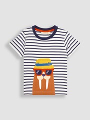 JoJo Maman Bébé White Navy Stripe Walrus Interactive Appliqué T-Shirt - Image 1 of 3