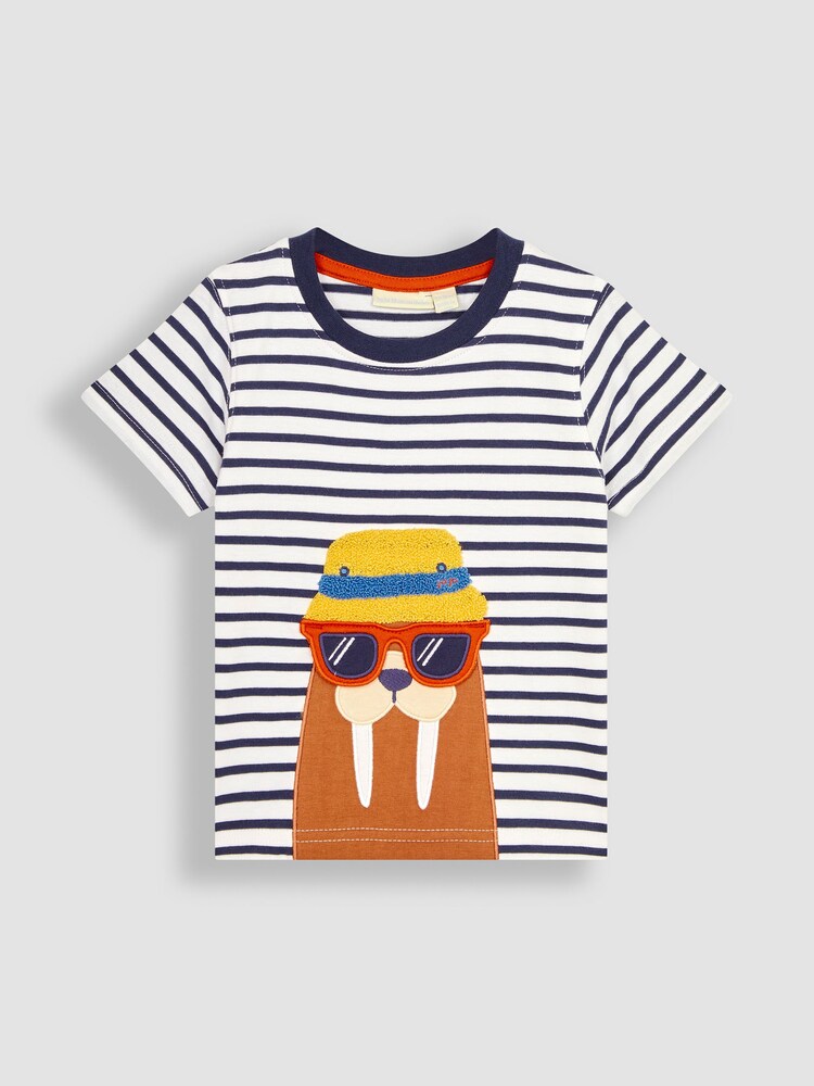 JoJo Maman Bébé White Navy Stripe Walrus Interactive Appliqué T-Shirt - Image 1 of 3