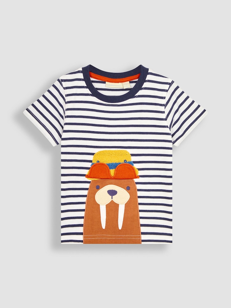 JoJo Maman Bébé White Navy Stripe Walrus Interactive Appliqué T-Shirt - Image 2 of 3