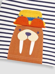 JoJo Maman Bébé White Navy Stripe Walrus Interactive Appliqué T-Shirt - Image 3 of 3