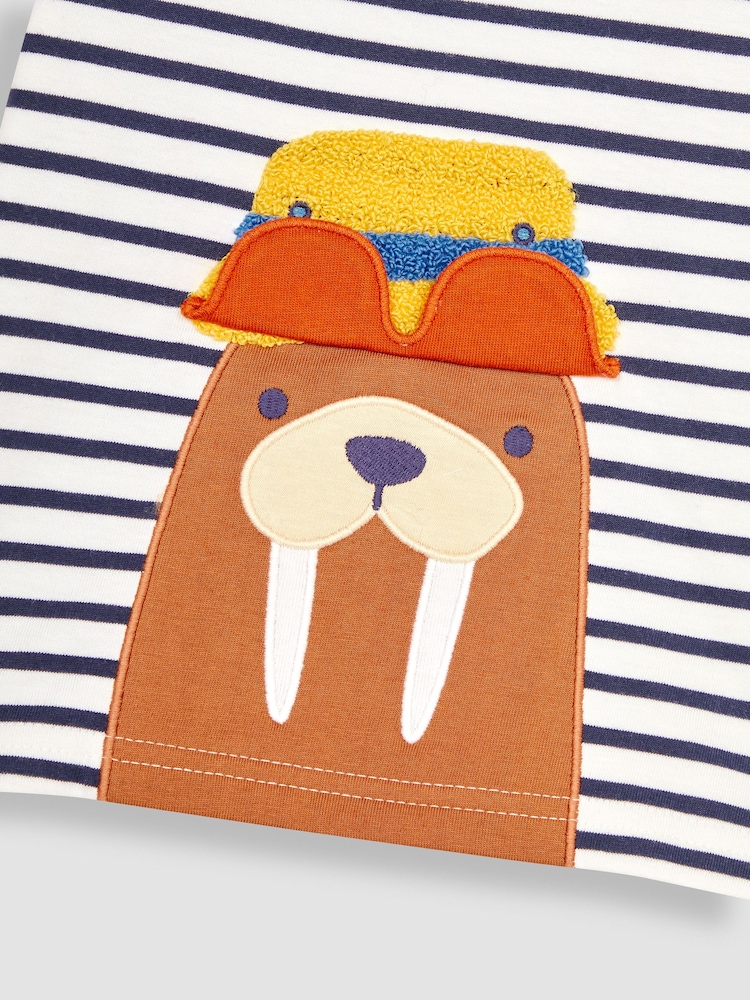 JoJo Maman Bébé White Navy Stripe Walrus Interactive Appliqué T-Shirt - Image 3 of 3