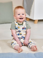 JoJo Maman Bébé Natural 2-Piece Farm Vehicles Dungarees & T-Shirt Set - Image 1 of 6