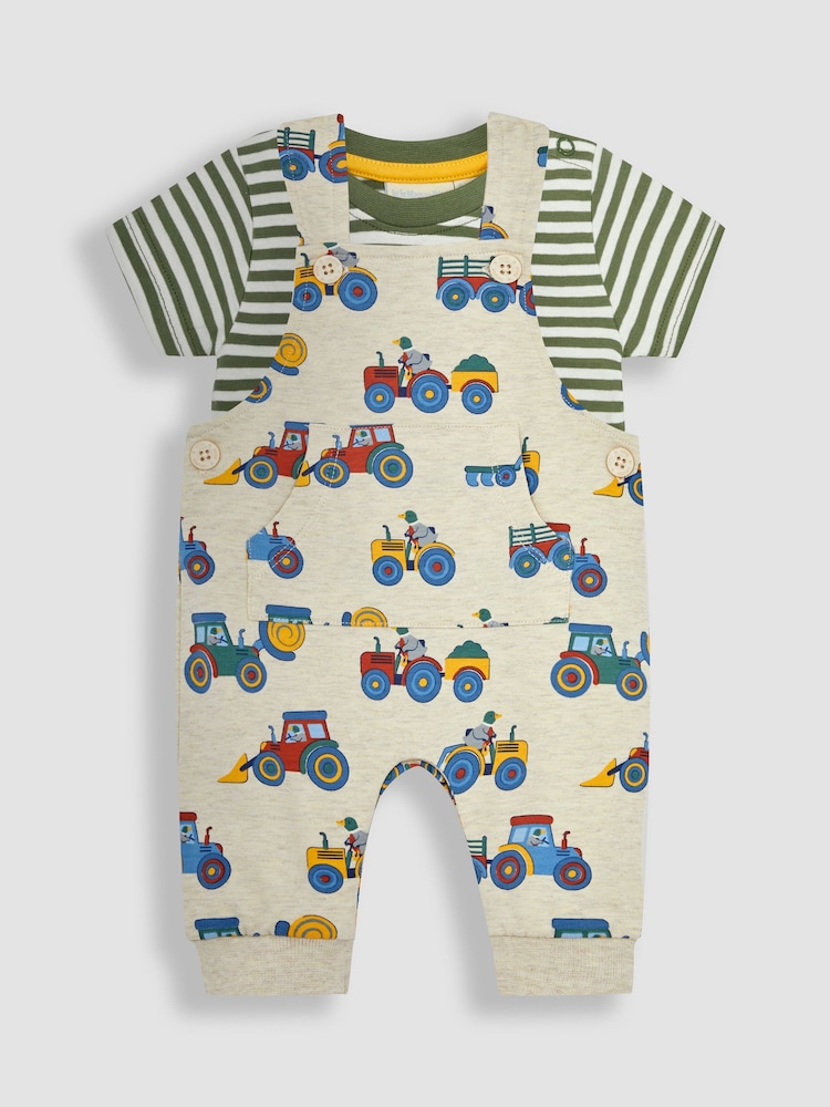 JoJo Maman Bébé Natural 2-Piece Farm Vehicles Dungarees & T-Shirt Set - Image 2 of 6