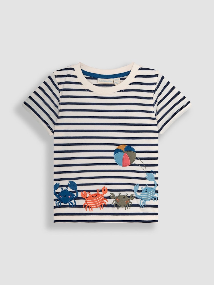 Ecru bleumarin Dungă Crab - Tricou cu bordură aplicată JoJo Maman Bébé - Image 1 of 4