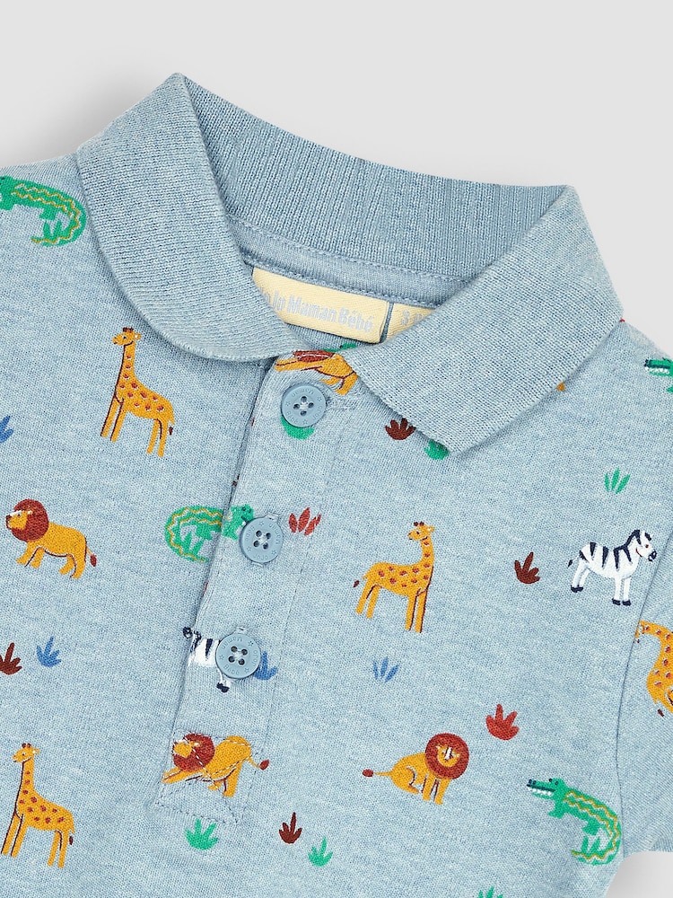 JoJo Maman Bébé Blue Safari Animals Polo Shirt Bodysuit - Image 2 of 3