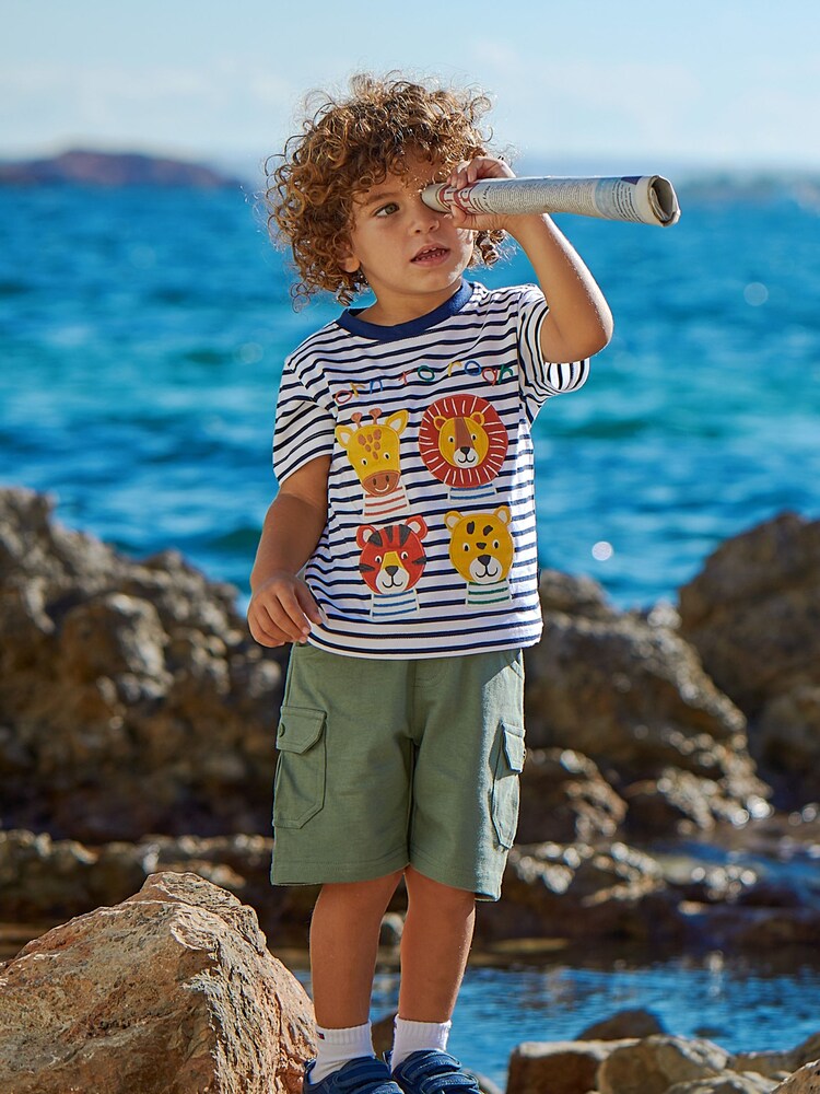 JoJo Maman Bébé White Navy Stripe Safari Animal Appliqué Motif T-Shirt - Image 1 of 4 JoJo Maman Bébé White Navy Stripe Safari Animal Appliqué Motif T-Shirt - Image 1 of 4