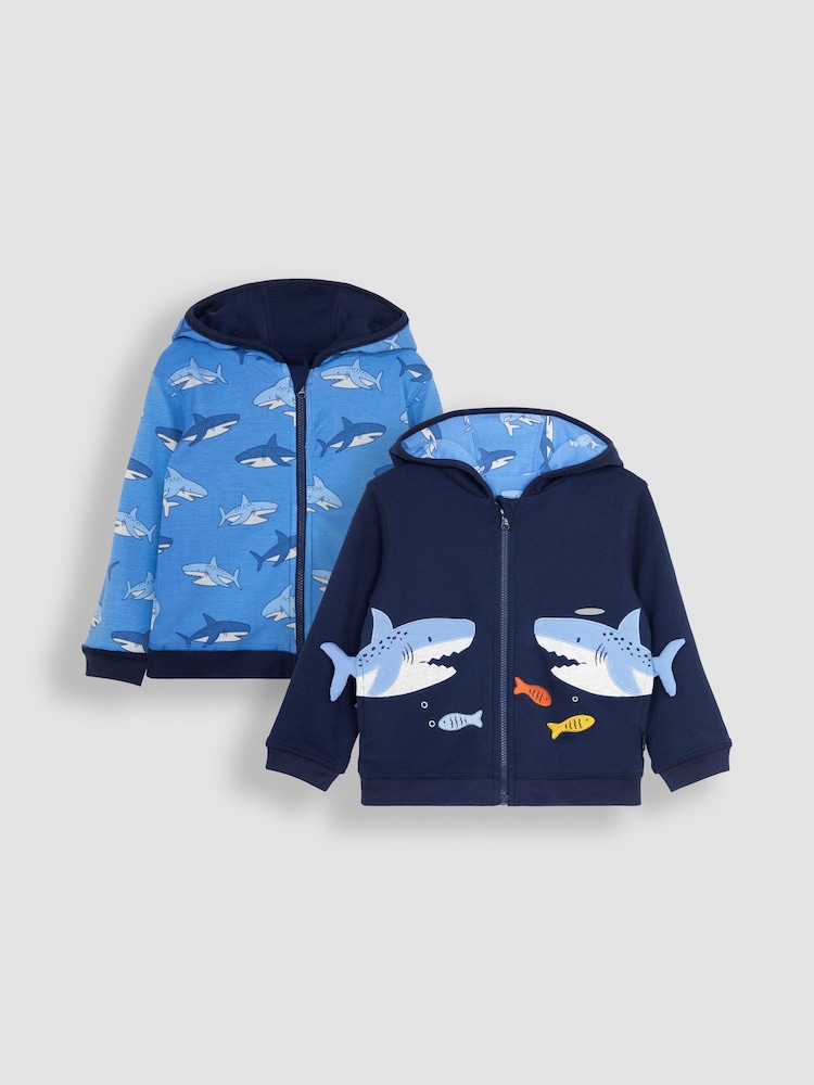 JoJo Maman Bébé Navy Blue Shark Appliqué Reversible Hoodie - Image 1 of 6