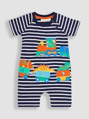 JoJo Maman Bébé Navy Ecru Stripe Dino Appliqué Romper - Image 1 of 3