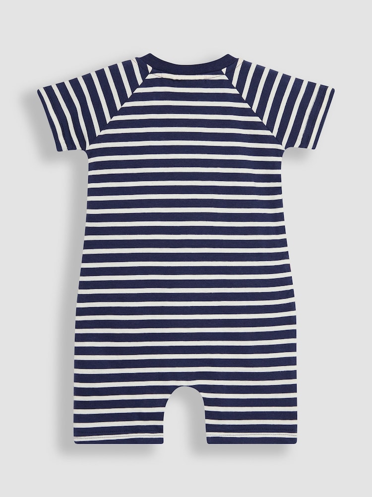 JoJo Maman Bébé Navy Ecru Stripe Dino Appliqué Romper - Image 2 of 3