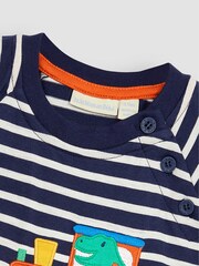 JoJo Maman Bébé Navy Ecru Stripe Dino Appliqué Romper - Image 3 of 3