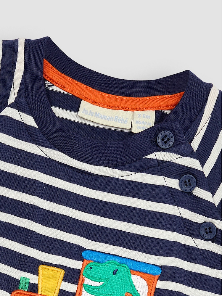 JoJo Maman Bébé Navy Ecru Stripe Dino Appliqué Romper - Image 3 of 3