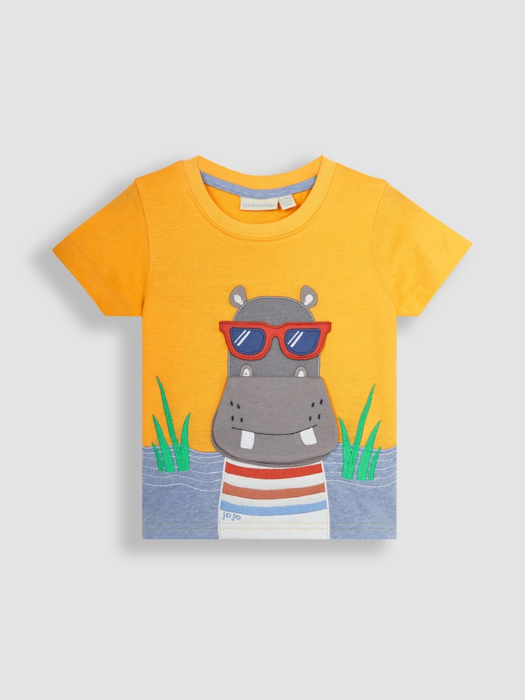 JoJo Maman Bébé Yellow Hippo Interactive Appliqué T-Shirt - Image 1 of 4