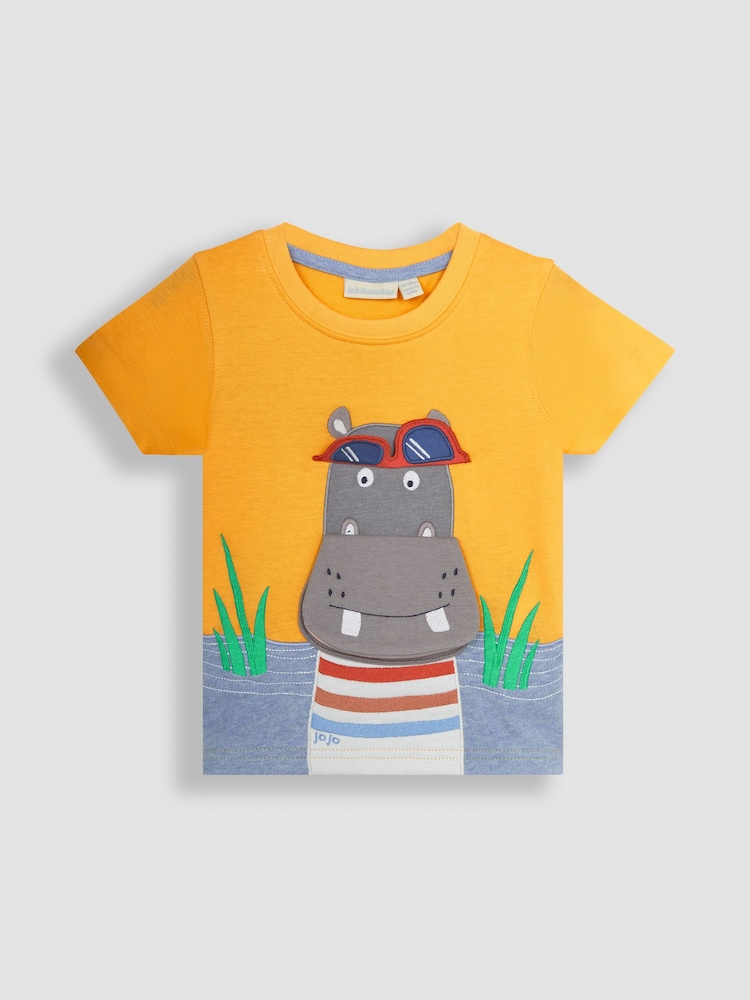 JoJo Maman Bébé Yellow Hippo Interactive Appliqué T-Shirt - Image 2 of 4