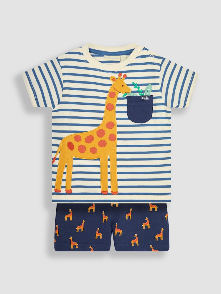 JoJo Maman Bébé Ecru Navy Stripe Giraffe Appliqué T-Shirt and Shorts Set - Image 1 of 4