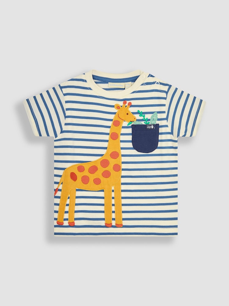 JoJo Maman Bébé Ecru Navy Stripe Giraffe Appliqué T-Shirt and Shorts Set - Image 2 of 4