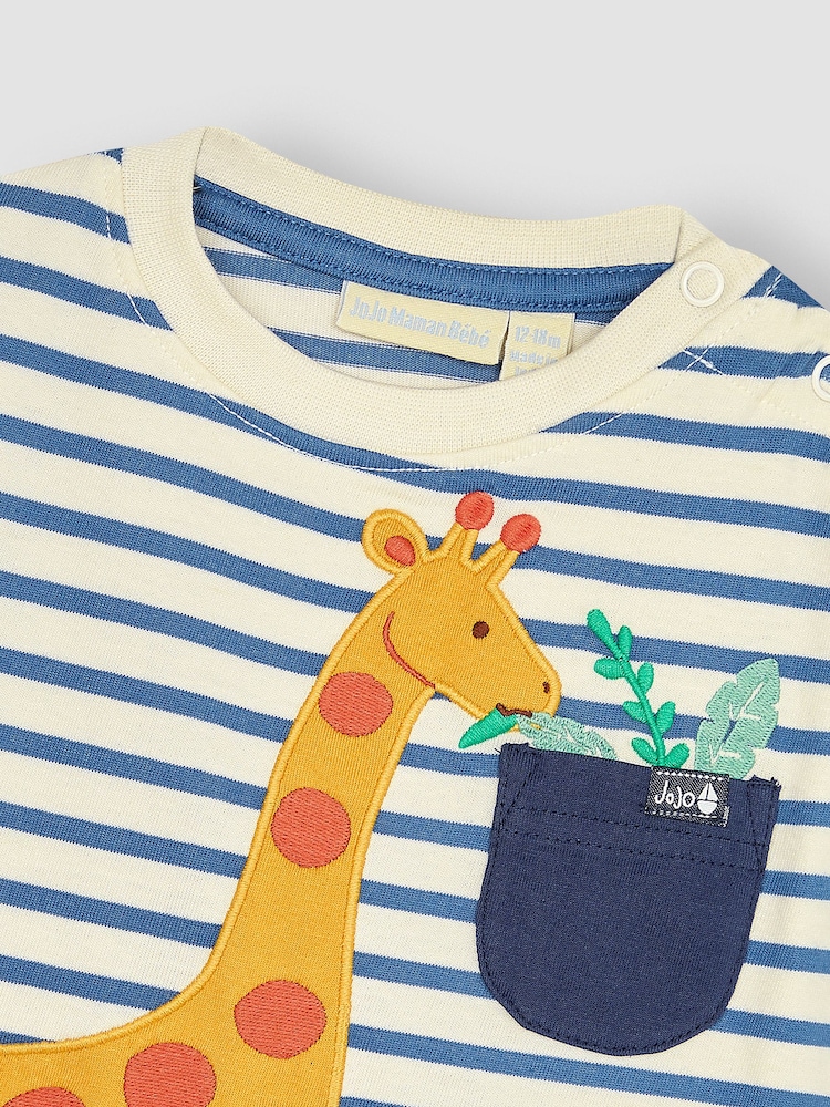 JoJo Maman Bébé Ecru Navy Stripe Giraffe Appliqué T-Shirt and Shorts Set - Image 4 of 4