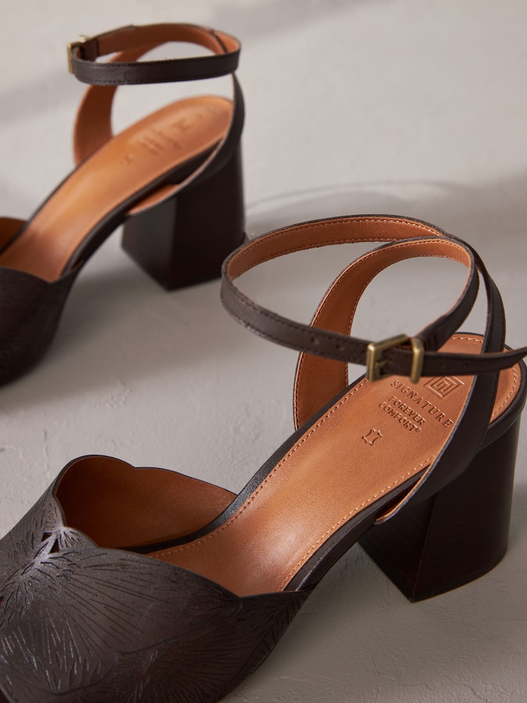 Chocolate Brown Signature Leather Butterfly Block Heel Sandals - Image 6 of 8