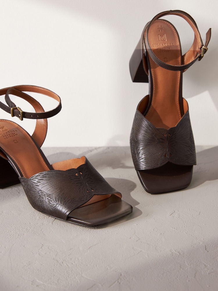Chocolate Brown Signature Leather Butterfly Block Heel Sandals - Image 8 of 8