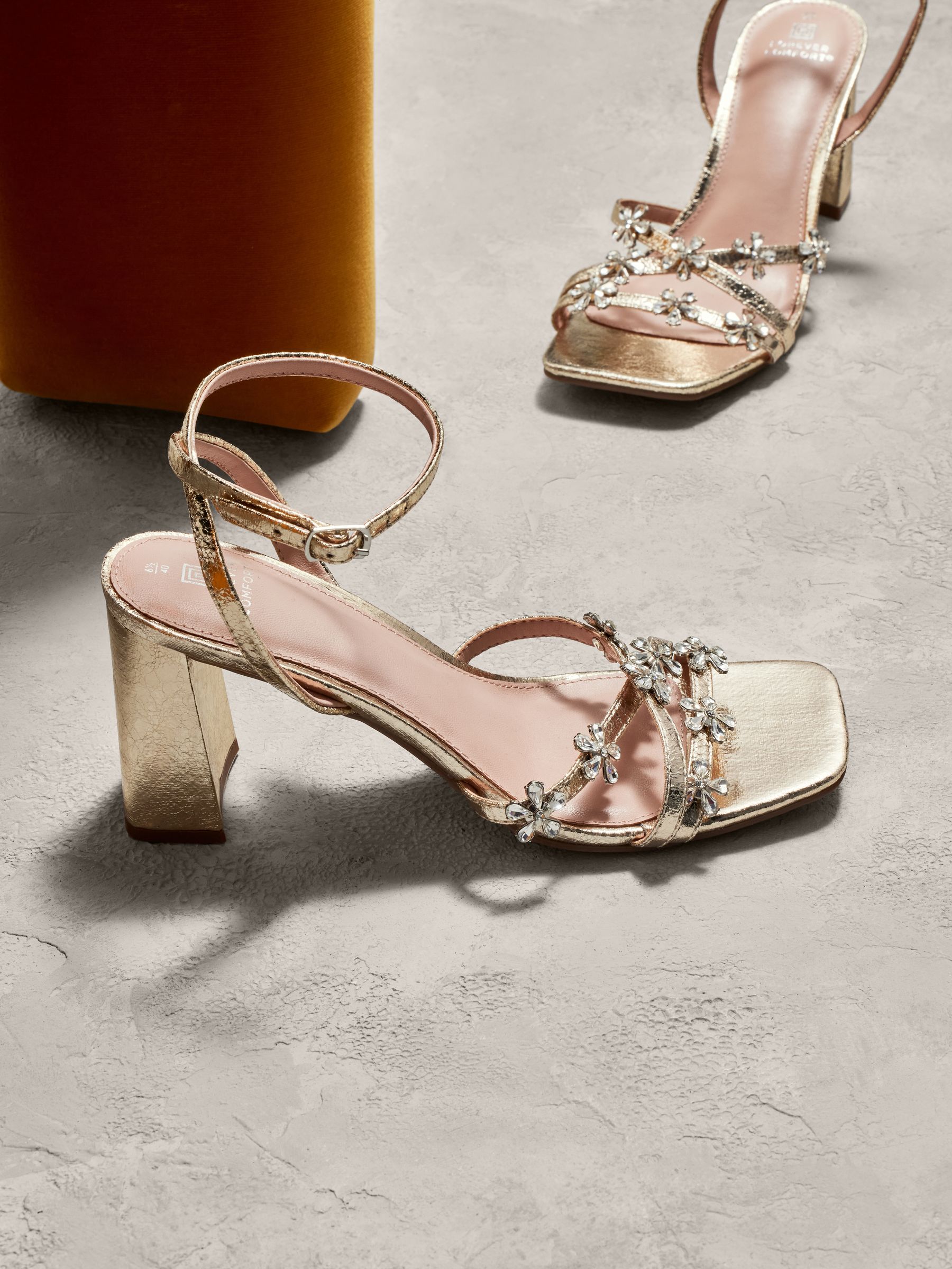 Buy Gold Forever Comfort® Jewel Flowers Block Heel Sandals