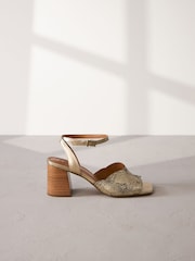 Gold Signature Leather Butterfly Block Heel Sandals - Image 2 of 6
