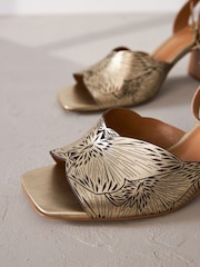 Gold Signature Leather Butterfly Block Heel Sandals - Image 3 of 6