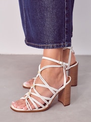 White Signature Leather Hardware Detail Block Heel Sandals - Image 2 of 10